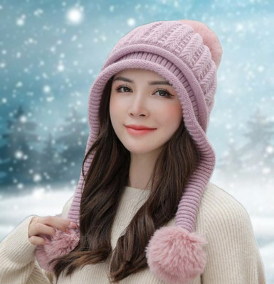 Winity Cute woolen warm soft fur Inside three pom-pom winter cap for women Woven Beanie Cap