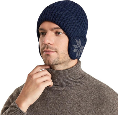 Highever winter cap for men woolen with Earflap soft warm Knitted fabric double layers Woven Beanie Cap