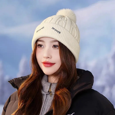 Winity eyelid embroidery(soft warm cotton inside Korean style) winter cap for women Woven Beanie Knitted Cap