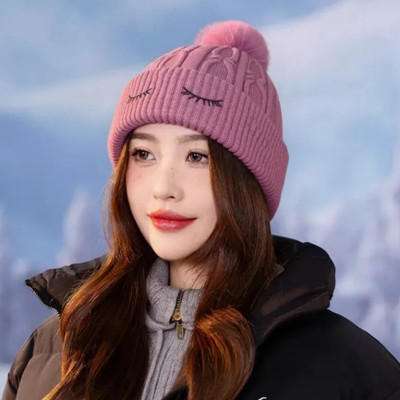 Winity eyelid embroidery(soft warm cotton inside Korean style) winter cap for women Woven Beanie Knitted Cap