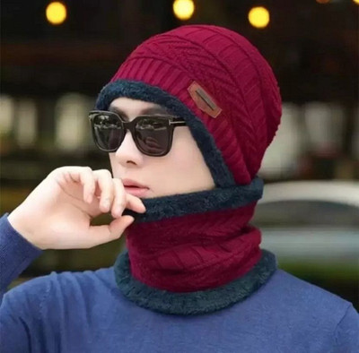 EMPOISON Solid, Woven, Self Design Beanie Cap