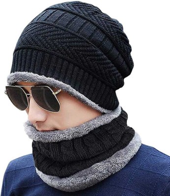 vactly Solid, Striped, Woven Beanie Cap(Pack of 2)