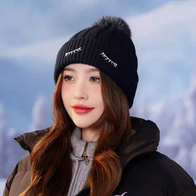 Winity eyelid embroidery(soft warm cotton inside Korean style) winter cap for women Woven Beanie Knitted Cap