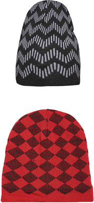 LOOM LEGACY Self Design, Printed Beanie Cap(Pack of 2)