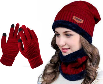Highever women's winter woolen beanie neck warmer and touchscreen gloves set for Girl's Beanie Cap(Pack of 3)