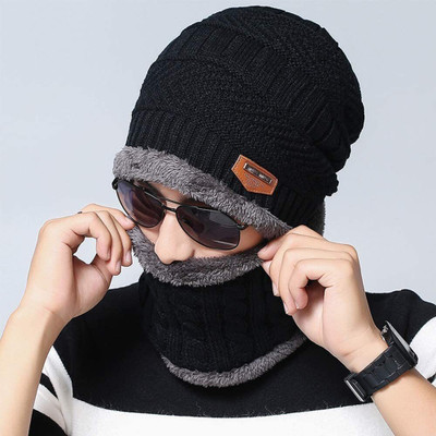 Zadinga Woven, Solid, Self Design Beanie Cap(Pack of 2)