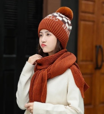 REFFER cute warm soft fur inside attach with scarf earflap pom-pom women winter cap Woven Beanie Cap