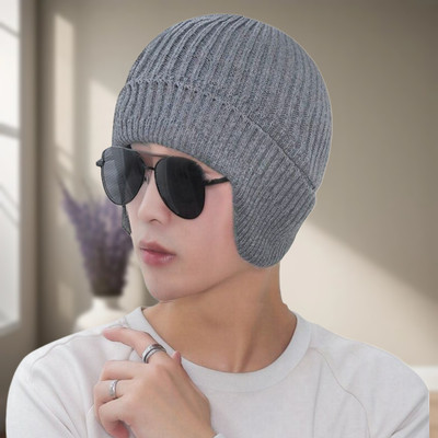 Winity Earflap soft warm Knitted fabric double layers stylish winter cap for men Woven Beanie Cap
