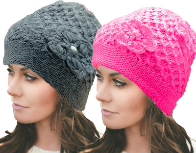 TRUE INDIAN Self Design, Solid Beanie Cap(Pack of 2)