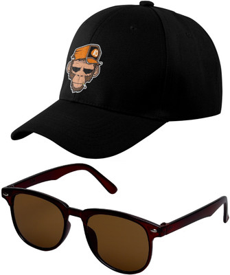 KiwiCaves Combo Of 1 Solid Black Sports Regular Cap And 1 Brown Wayfarer Goggle Sunglasses Solid Sports/Regular Cap Cap(Pack of 2)