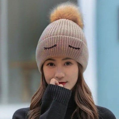 Winity Cute Korean style eyelid double layers warm fabric winter cap for Women Woven Beanie Cap