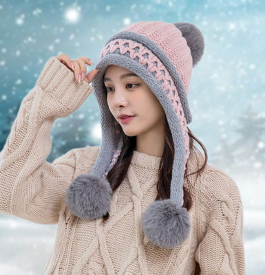 Winity Cute woolen warm soft fur Inside three pom-pom winter cap for women Woven Beanie Cap