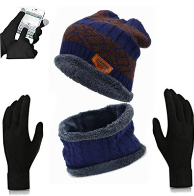 Highever Winter Woolen Beanie neck warmer and Touchscreen Gloves set for men and women Beanie Cap(Pack of 3)