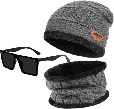 YES TAG Self Design, Solid Beanie Cap(Pack of 3)