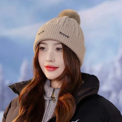 Winity eyelid embroidery(soft warm cotton inside Korean style) winter cap for women Woven Beanie Knitted Cap