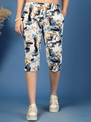 UZARUS Cotton Three Fourth Capri Shorts With Two Zippered Pockets Women Blue, White Capri