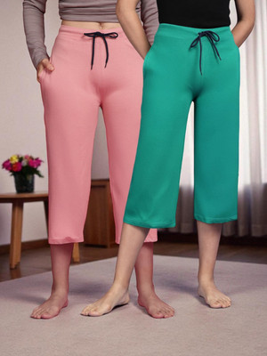 Kryptic Women Pack of 2 Capri Pure Cotton Solid Relaxed Fit with Adjustable Waist. Women Pink, Dark Green Capri