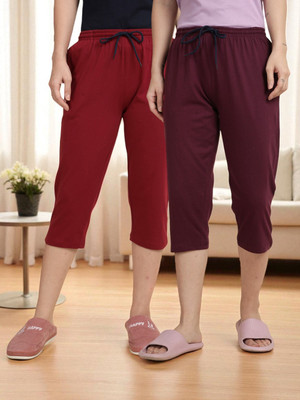 Kryptic Women Pack of 2 Capri Pure Cotton Solid Relaxed Fit with Adjustable Waist. Women Maroon, Red Capri