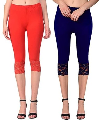 LEEVAJ WORLD Red-Navy Blue Capri leggings Free Size Women Red, Dark Blue Capri