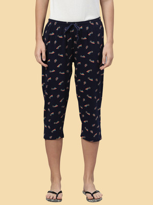 Kryptic cotton relaxed fit lounge capri with side pocket Women Blue Capri