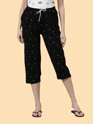 Kryptic cotton relaxed fit lounge capri with side pocket Women Black Capri
