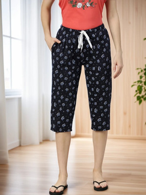 Kryptic cotton relaxed fit lounge capri with side pocket Women Blue Capri