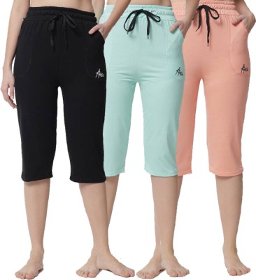 ANIXA Anixa Women's Black_Sky_Peach Cotton Plain Capri Pack of 3 Women Multicolor Capri