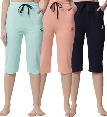 ANIXA Anixa Women's Sky_Peach_Navy Cotton Plain Capri Pack of 3 Women Multicolor Capri