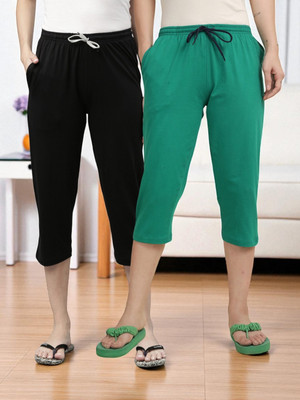 Kryptic Women Pack of 2 Capri Pure Cotton Solid Relaxed Fit with Adjustable Waist. Women Black Capri