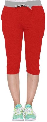 KEX Capri For Girls Casual Solid Cotton Blend(Red Pack of 1)