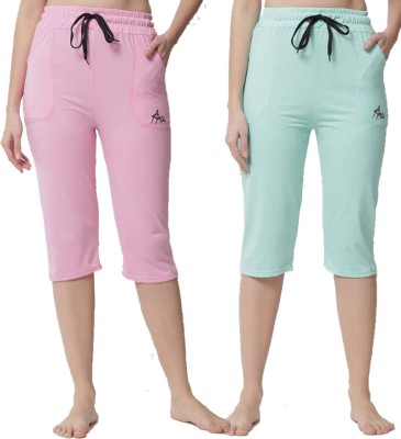 ChicCloset ChicCloset Women's Pink & Sky Cotton Plain Capri Pack of 2 Women Pink, Green Capri