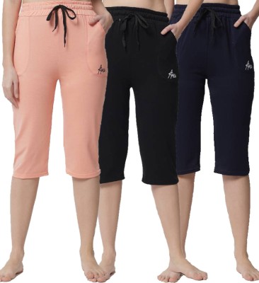 ChicCloset ChicCloset Women's Peach_Black_Navy Cotton Plain Capri Pack of 3 Women Multicolor Capri