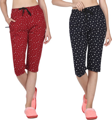 Sirtex Eazy Women's Cotton Printed Capri Pants For Women & Girls (Pack of 2) Women Red, Blue Capri