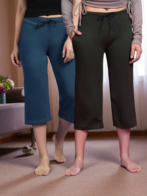 Kryptic Women Pack of 2 Capri Pure Cotton Solid Relaxed Fit with Adjustable Waist. Women Blue, Green Capri