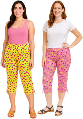 UMfashions Combo of Women's Capri pants yellow & pink colour floral printed Women Reversible Multicolor Capri