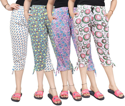 TVESA combo pack 4 womens cotton printed capri pyjama with pocket pack of 4 pcs. Women Multicolor Capri