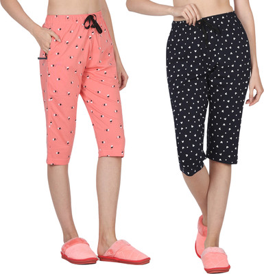 Sirtex Eazy Women's Cotton Printed Capri Pants For Women & Girls (Pack of 2) Women Pink, Blue Capri