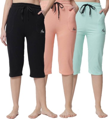 ChicCloset ChicCloset Women's Black_Peach_Sky Cotton Plain Capri Pack of 3 Women Black, Pink, Green Capri