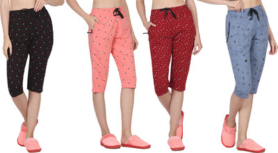 Sirtex Eazy Women's Cotton Printed Capri Pants For Women & Girls (Pack of 4) Women Multicolor Capri