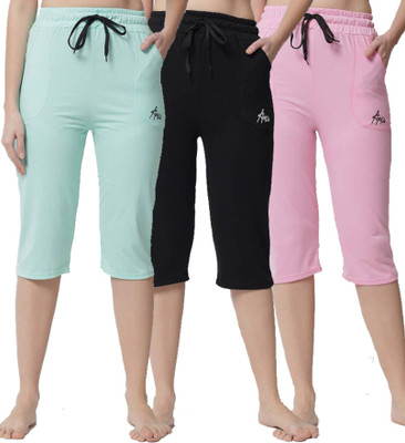 ANIXA Anixa Women's Sky_Black_Pink Cotton Plain Capri Pack of 3 Women Multicolor Capri