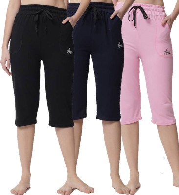 ANIXA Anixa Women's Black_Navy_Pink Cotton Plain Capri Pack of 3 Women Multicolor Capri