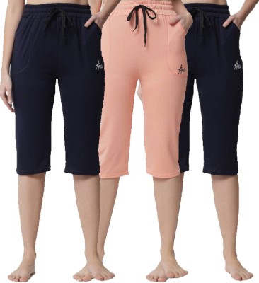 ChicCloset ChicCloset Women's Navy_Peach_Navy Cotton Plain Capri Pack of 3 Women Black, Orange Capri