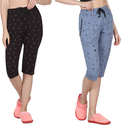 Sirtex Eazy Women's Cotton Printed Capri Pants For Women & Girls (Pack of 2) Women Black, Blue Capri