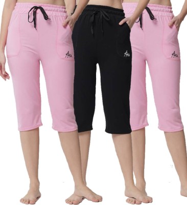 ANIXA Anixa Women's Pink_Black_Pink Cotton Plain Capri Pack of 3 Women Pink, Black Capri