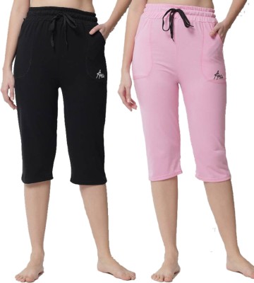 ChicCloset ChicCloset Women's Black & Pink Cotton Plain Capri Pack of 2 Women Black, Pink Capri