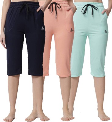 ChicCloset ChicCloset Women's Navy_Peach_Sky Cotton Plain Capri Pack of 3 Women Multicolor Capri