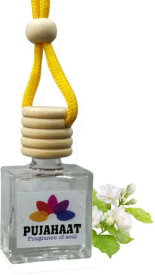 Pujahaat Mogra Car Perfume Hanging Pod 10ml Premium Fragrance|High Diffusion with Premium Fragrance Oils in Glass Bottle with Wooden Diffuser Lid | Long Lasting Air Purifier(Pack of 1)