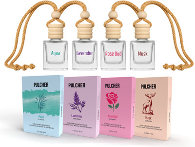 PULCHER Car Freshener - Assorted Combo Pack of 4, Musk, Aqua, Lavender, & Rose Oud Long-Lasting Essential Oil for Cars Dashboard to remove Odor, 4x10 ml Air Purifier(Pack of 4)