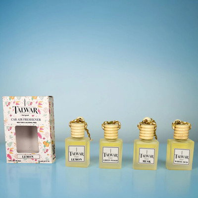 TALWAR Lemon & Green Wood & Musk & White Oud Car Freshener Diffuser Premium Hanging Car Air Freshener Long-Lasting Car Perfume(4 x 10 ml)