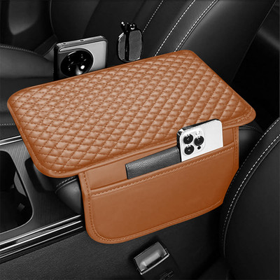 Egab PU Leather Car Armrest Cushion Pad With Side Pockets (Brown) Car Armrest(Universal For Car, Universal For Car)